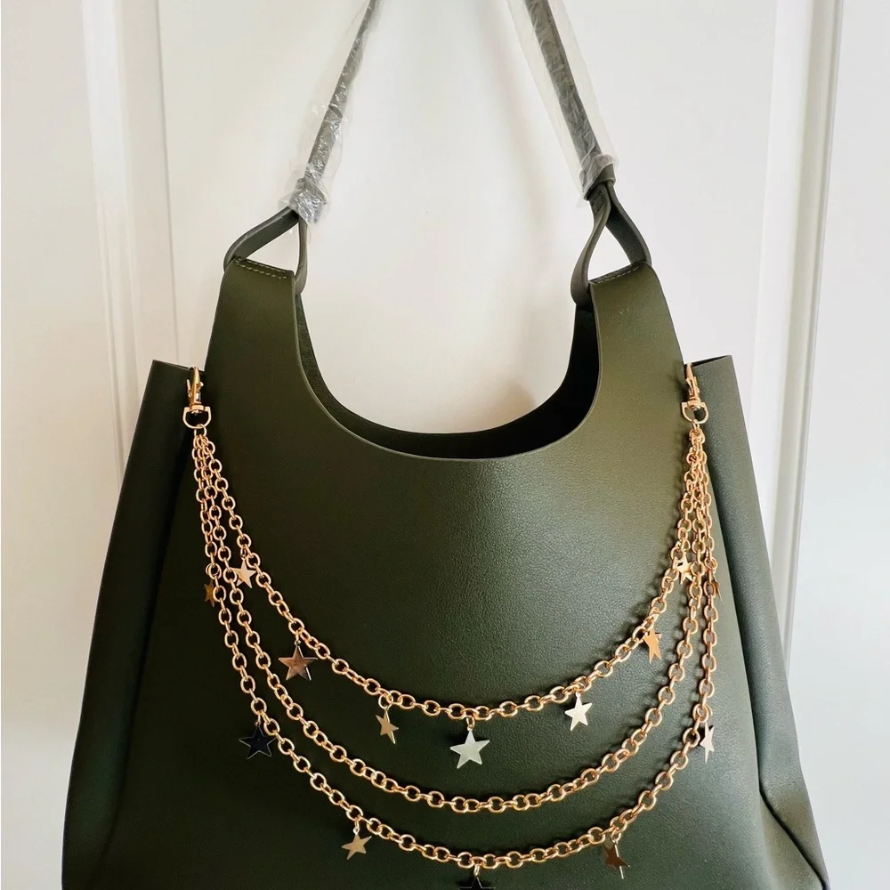Neiman Marcus Olive Shoulder Bag with Gold Chain Accents. NWOT - Picture 1 of 9
